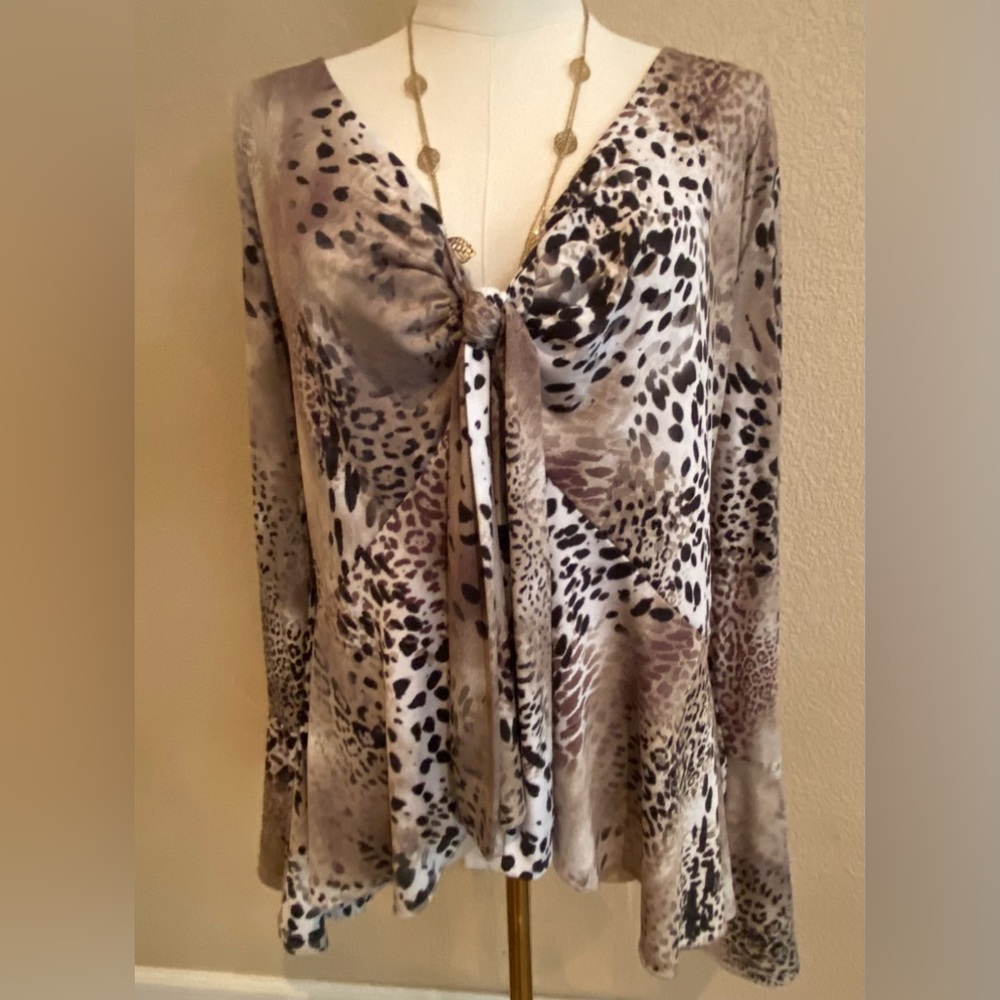 VENUS Taupe and Cream Animal Print Tie-Front Blouse